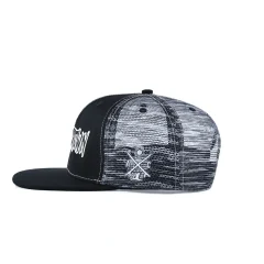 Aung-Crown-black-flat-brim-embroidery-trucker-hat-at-the-horizontal-view-KN2012111