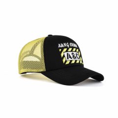 Aung-Crown-fashion-black-and-yellow-trucker-hat-at-the-side-angle-view-KN2012091