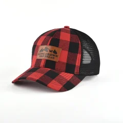 Aung-Crown-plaid-red-and-black-trucker-hat-with-an-embossed-leather-label-KN2012072