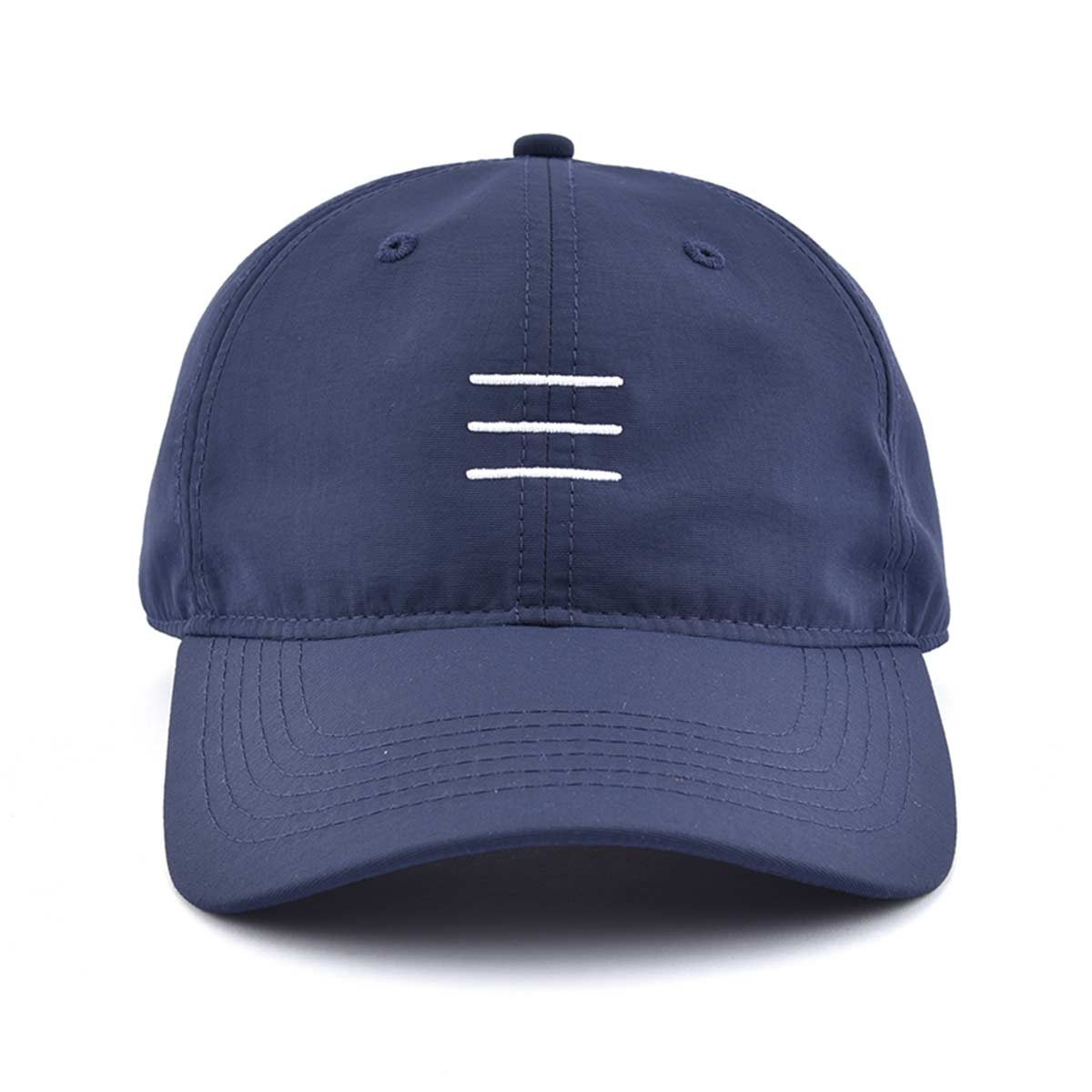 Front-view-of-dark-blue-nylon-baseball-cap-with-3-white-stripes-KN2102271