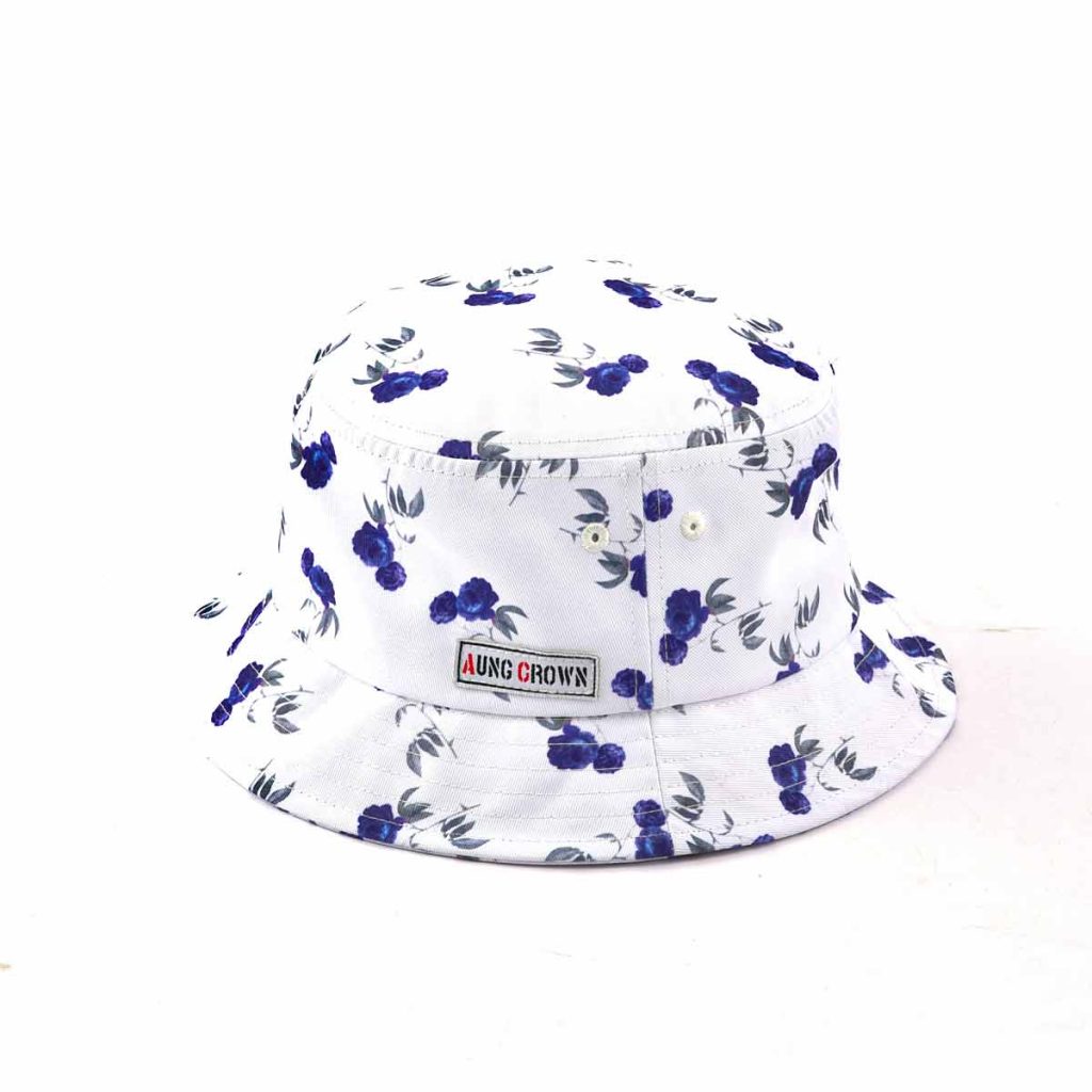 Aung Crown white floral digital printing kid bucket hats with a side logo KN2102191-3