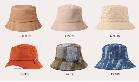 mutil-fabric bucket caps, cotton linen nylon suede wool denim fabric