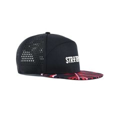 Streeter-unisex-6-panel-black-and-red-trucker-hat-for-women-and-men-at-the-side-angle-view-KN20112701