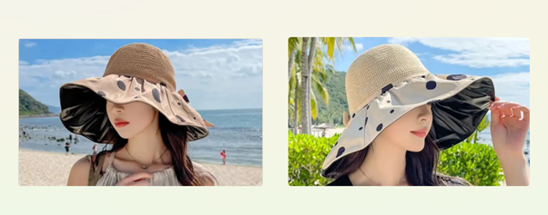 Women’s lightweight and anti-UV wide-brimmed bucket hats.