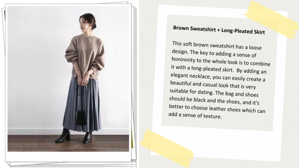 15. Brown Sweatshirt + Long-Pleated Skirt