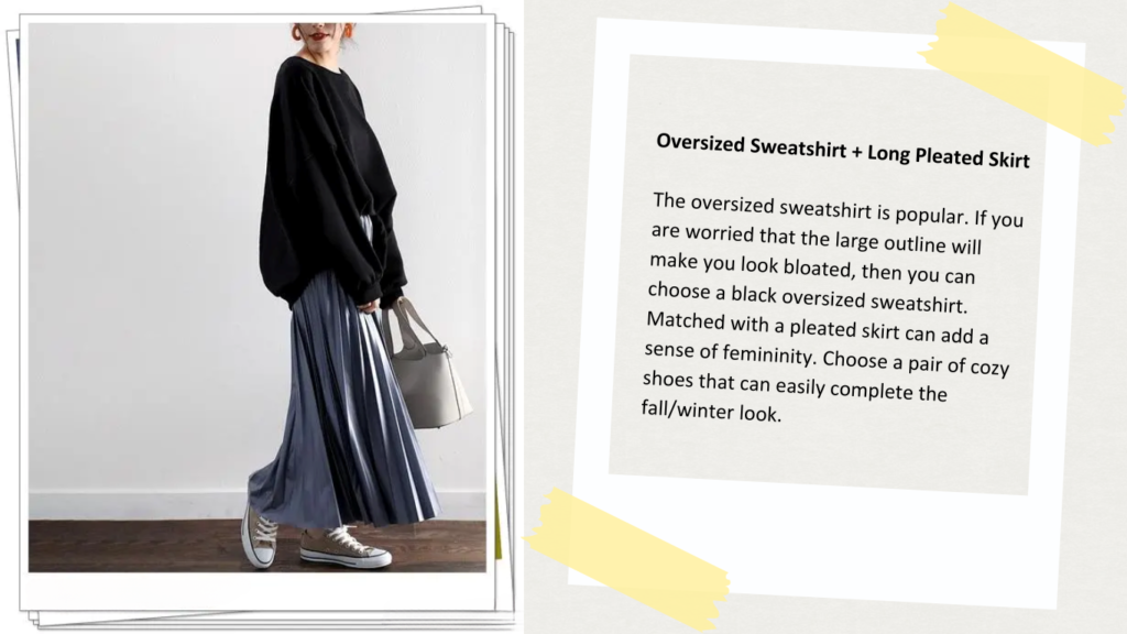 5. Oversized Sweatshirt + Long Pleated Skirt